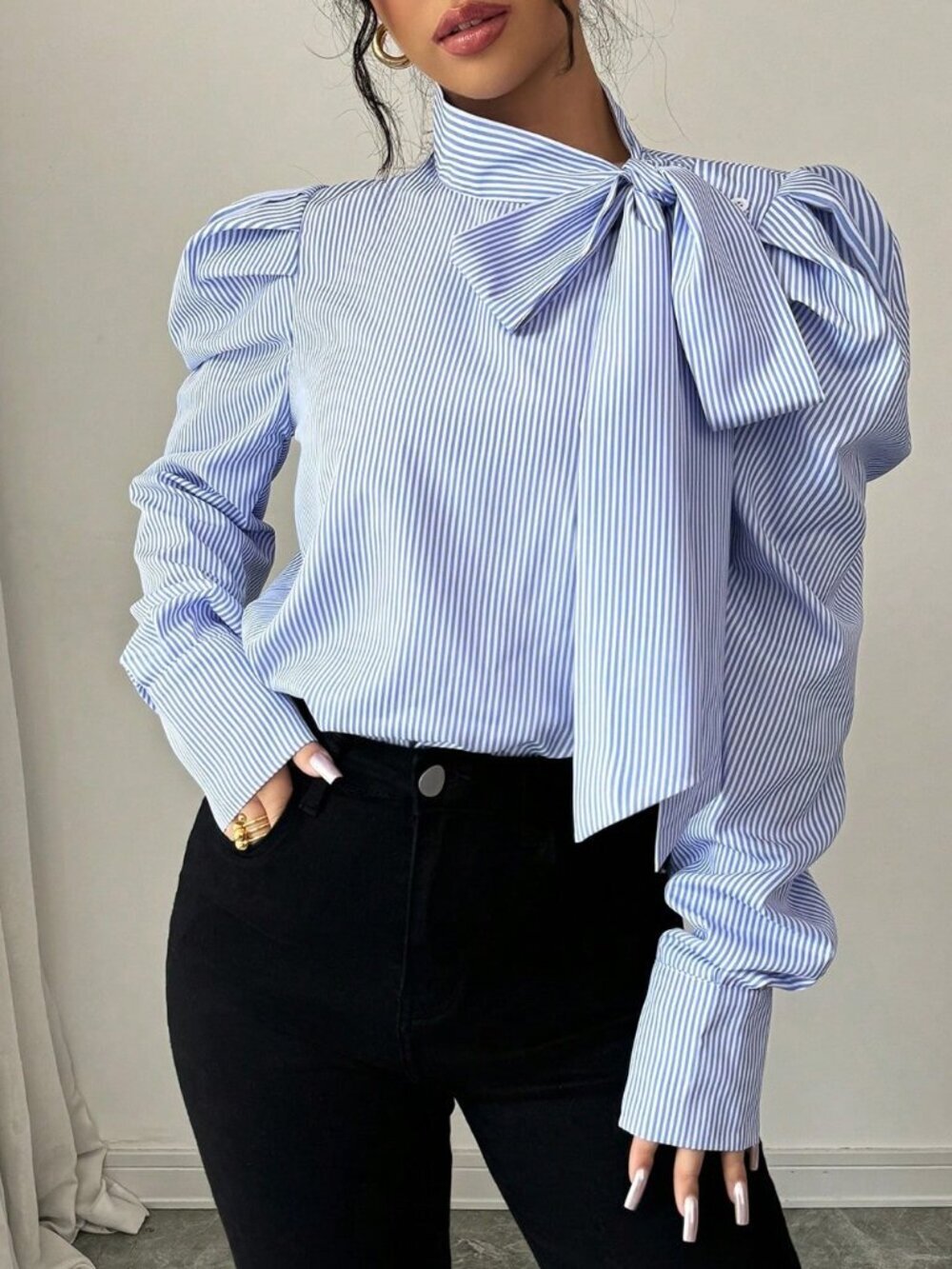 Blue Elegant Women's Bowknot Gigot Sleeve Striped Casual Long Sleeve Shirt - Picture 3 of 6